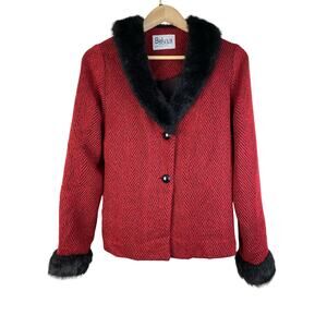 Beluva San Francisco Women's M Red Chevron Striped Black Faux Fur Jacket *